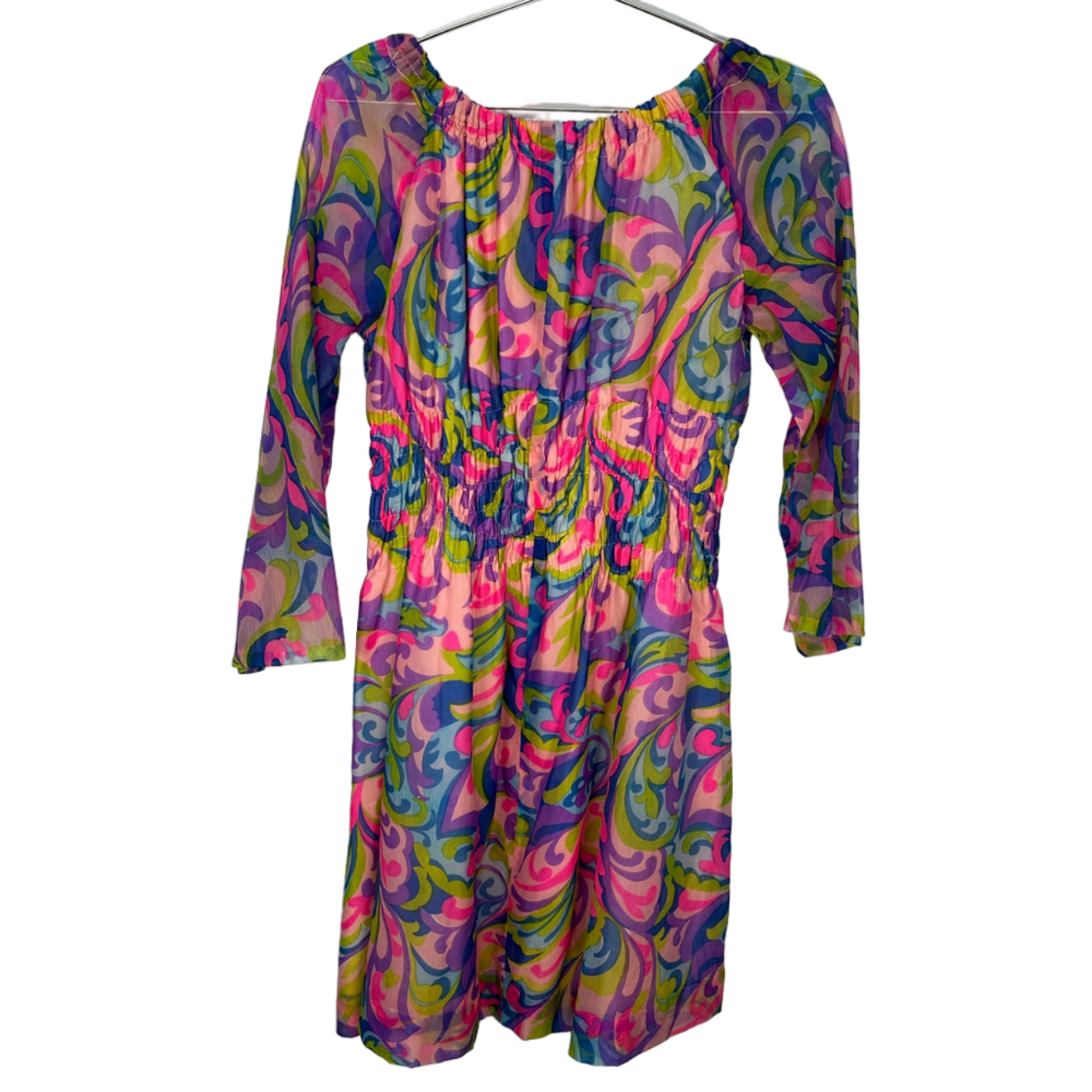 Vintage Whimsy Rainbow Swirls Colorful‎ Pink Paisley Boat Neck Dress Large
